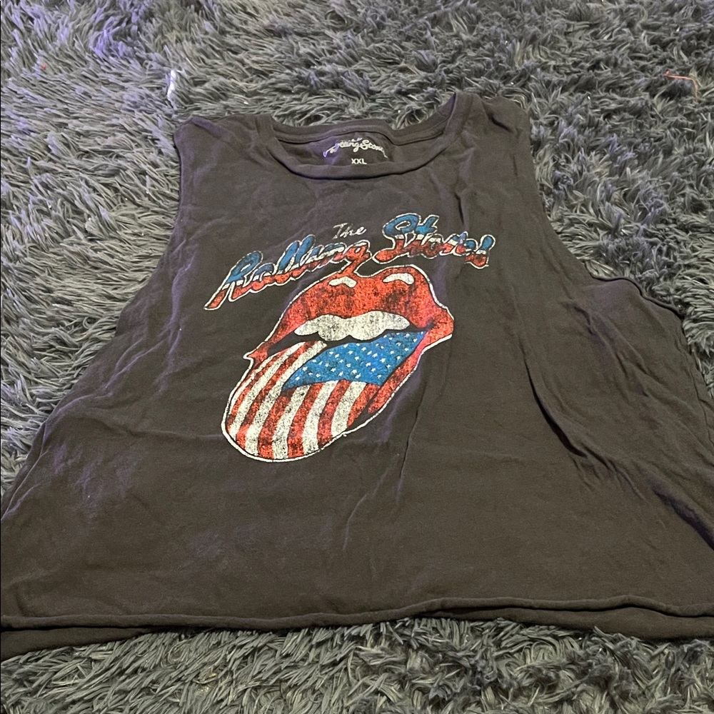 The Rolling Stones Black Muscle Tee with Red and Blue Graphic